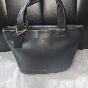 Vintage Coach, Gloved-tan Black Leather, Small Tote with Gold Tag